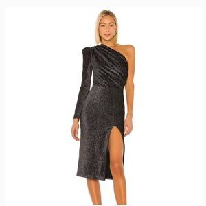 NWT Bronx and Banco Belle One Shoulder Midi Dress Black with Metallic Thread